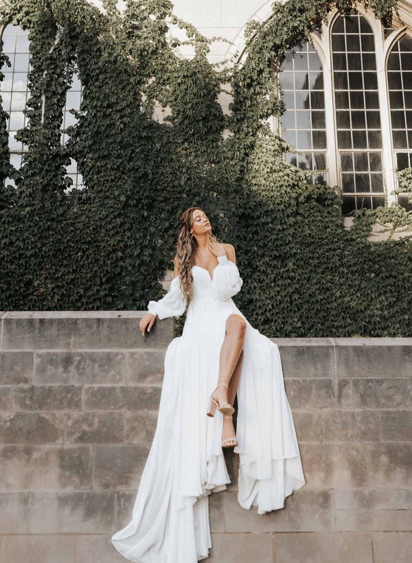 Buyishang A-Line Sweetheart Long Sleeves Chiffon Sweep Train Wedding Dress