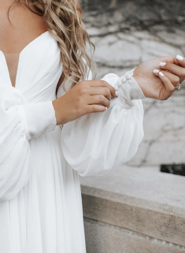 Buyishang A-Line Sweetheart Long Sleeves Chiffon Sweep Train Wedding Dress