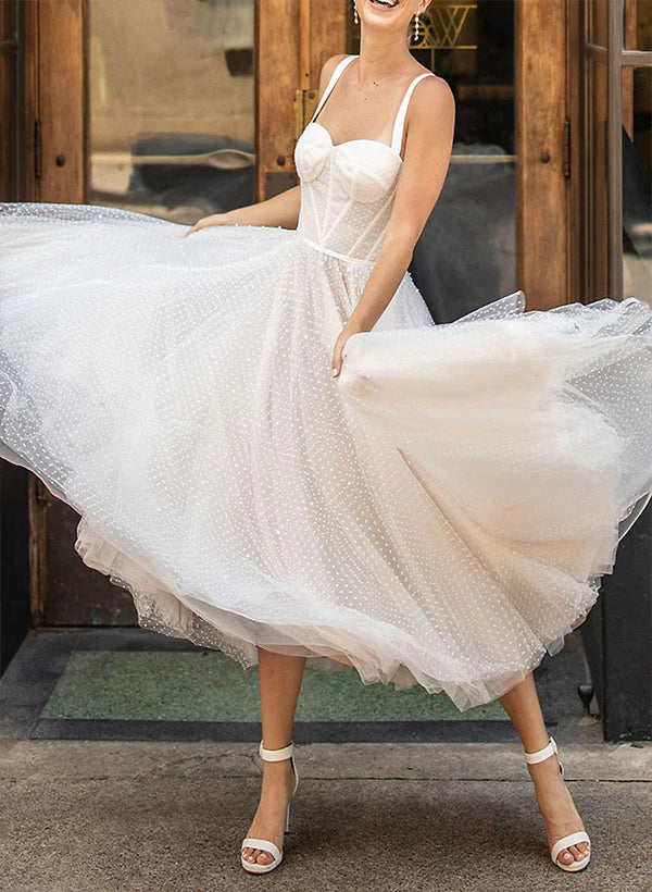 Buyishang A-Line Sweetheart Sleeveless Tulle Tea-Length Wedding Dresses With Pleated