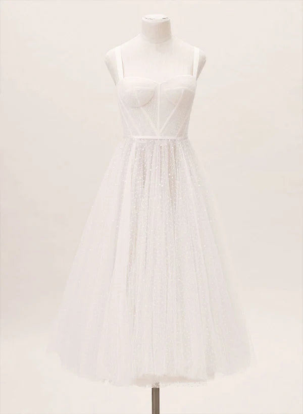 Buyishang A-Line Sweetheart Sleeveless Tulle Tea-Length Wedding Dresses With Pleated