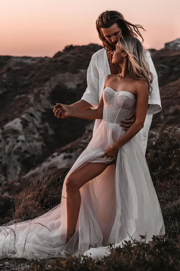 Buyishang A-line Sweetheart Tulle High Split Bohemian Wedding Dress