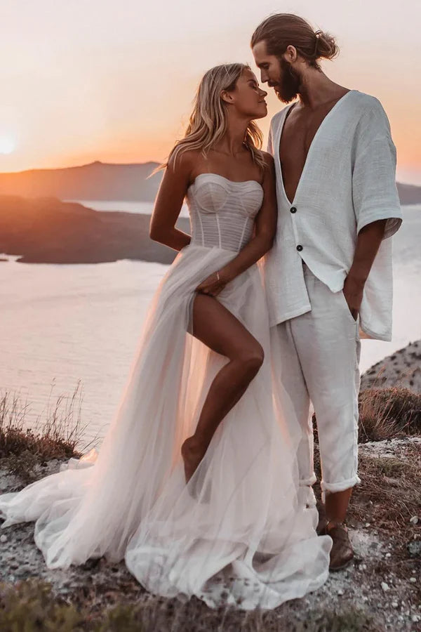 Buyishang A-line Sweetheart Tulle High Split Bohemian Wedding Dress