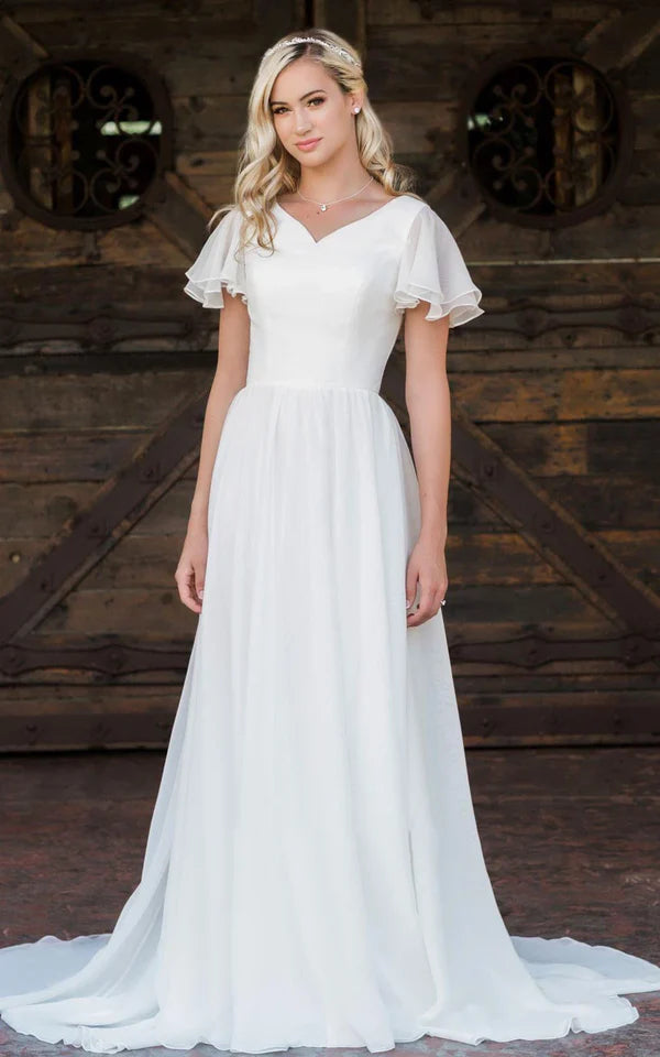 Buyishang A Line V-neck Chiffon Floor-length Brush Train Short Sleeve Wedding Dress with Ruffles