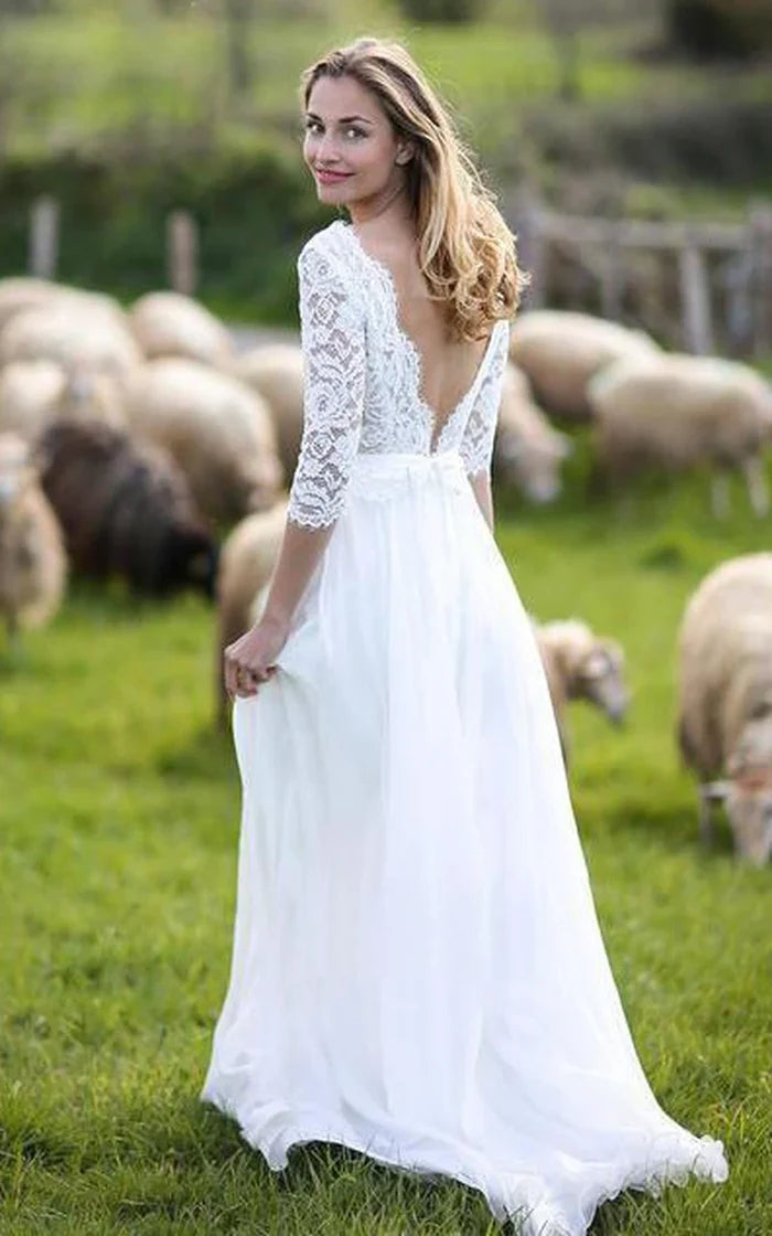 Buyishang A Line V-neck Chiffon Lace Floor-length 3/4 Length Sleeve Wedding Dress