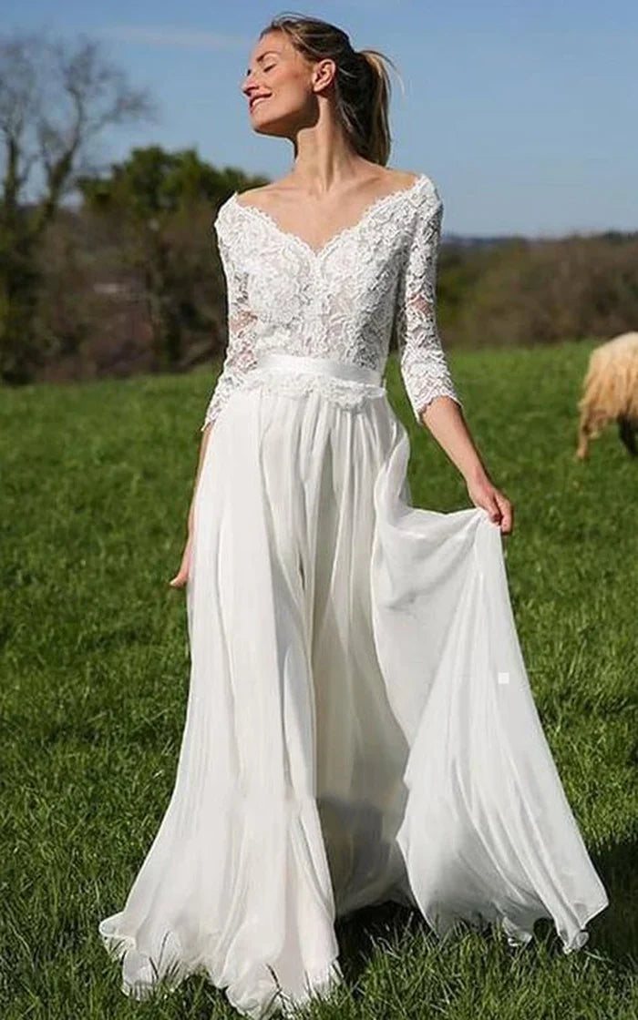 Buyishang A Line V-neck Chiffon Lace Floor-length 3/4 Length Sleeve Wedding Dress