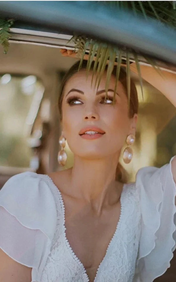 Buyishang A Line V-neck Lace Floor-length Short Sleeve Wedding Dress with Ruffles