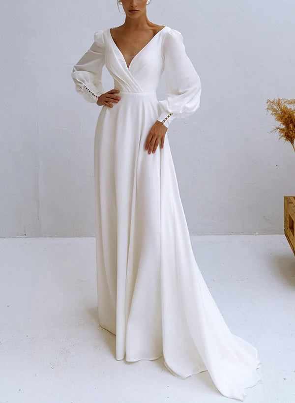 Buyishang A-Line V-Neck Long Sleeves Chiffon Wedding Dresses With Beading
