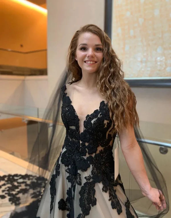 Buyishang A-Line V-Neck Open Back Court Train Black Wedding Dress With Veil