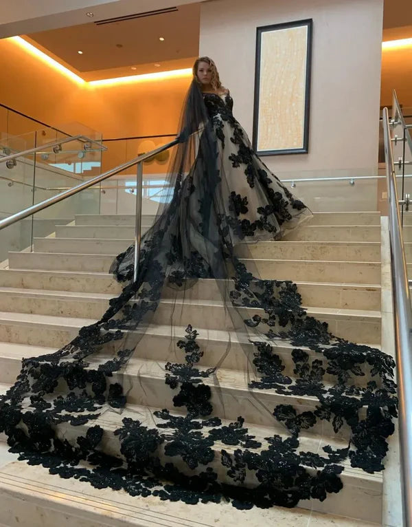 Buyishang A-Line V-Neck Open Back Court Train Black Wedding Dress With Veil