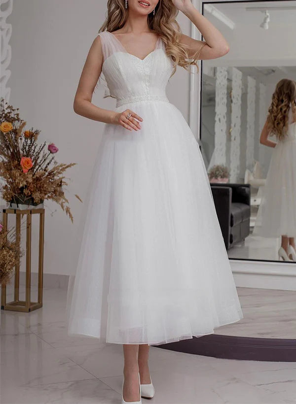 Buyishang A-Line V-Neck Sleeveless Ankle-Length Tulle Wedding Dresses With Sequins