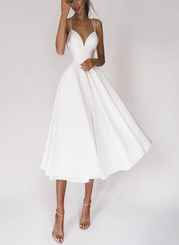 Buyishang A-Line V-Neck Sleeveless Satin Knee-Length Wedding Dress