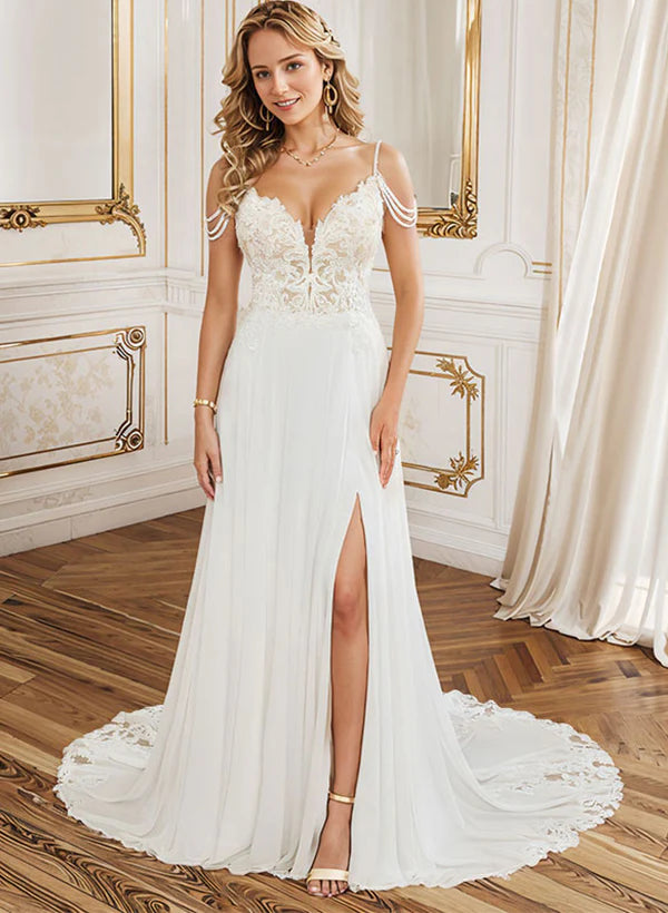 Buyishang A-Line V-Neck Sweep Train Wedding Dress With Lace Split Front
