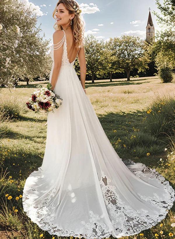 Buyishang A-Line V-Neck Sweep Train Wedding Dress With Lace Split Front
