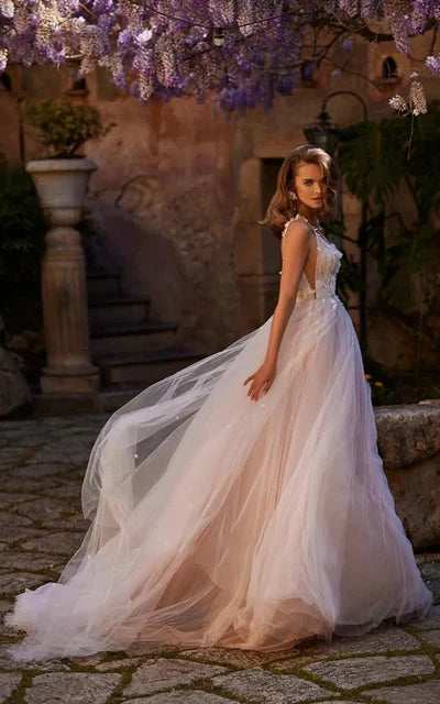 Buyishang A-Line V-neck Tulle Wedding Dress Sexy Beach Gown With Court Train And Lace Appliques