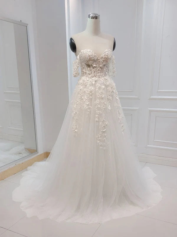 Buyishang A-line White Off the Shoulder Wedding Dress With Flower Embroidery