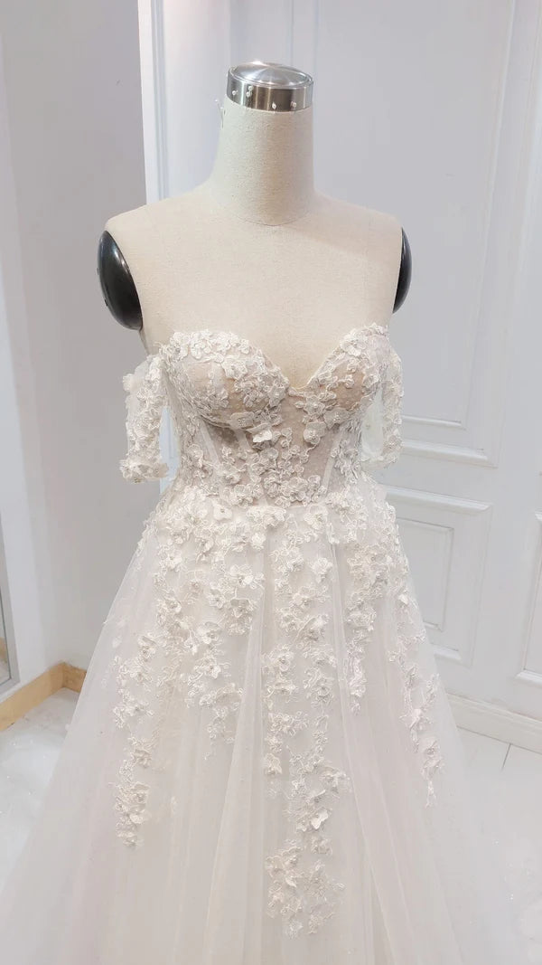 Buyishang A-line White Off the Shoulder Wedding Dress With Flower Embroidery