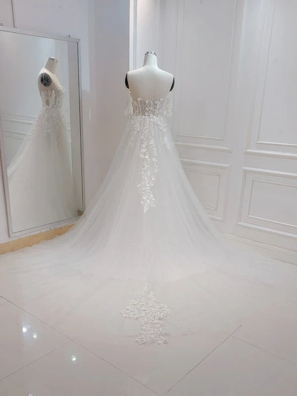Buyishang A-line White Off the Shoulder Wedding Dress With Flower Embroidery