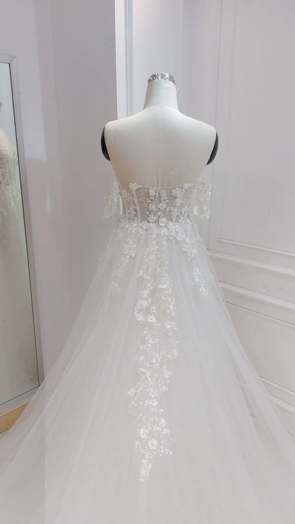 Buyishang A-line White Off the Shoulder Wedding Dress With Flower Embroidery