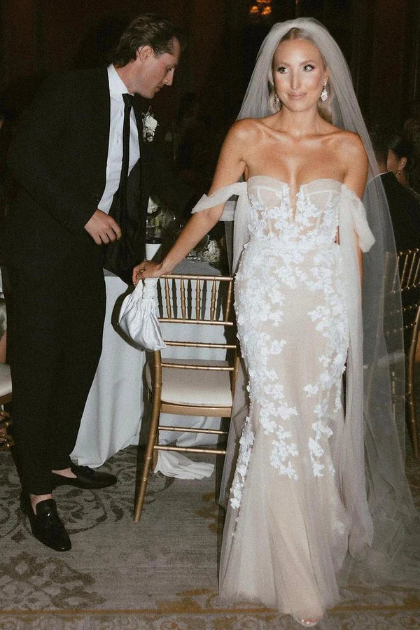 Buyishang Glamorous Mermaid Off the Shouder Tulle Lace Wedding Dresses