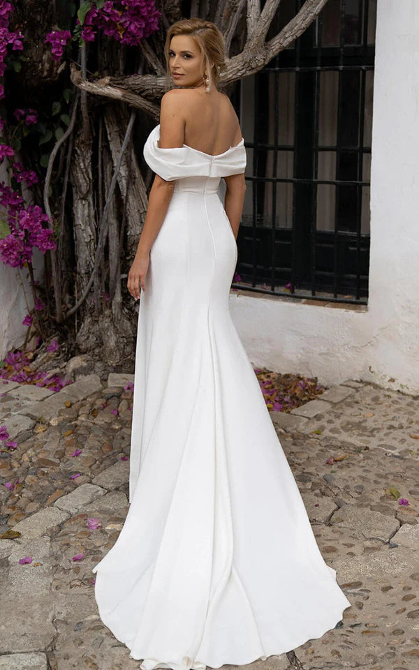 Buyishang Mermaid Satin Off-the-Shoulder Sheath Wedding Dress with Zipper and Slit
