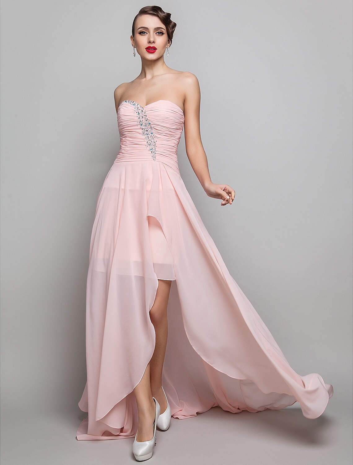 Sheath / Column Sweetheart Neckline Floor Length Chiffon Dress with Beading / Split Front / Ruched