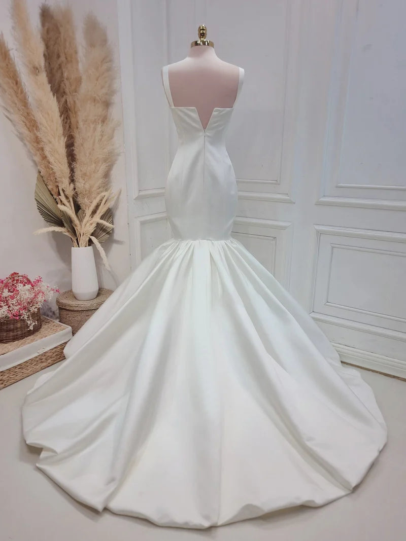 Buyishang Mermaid Simple Satin White Wedding Dress Sweep Train Bridal Gown