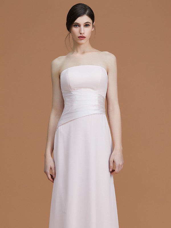 A-Line/Princess Strapless Sleeveless Floor-Length Ruched Chiffon Bridesmaid Dresses