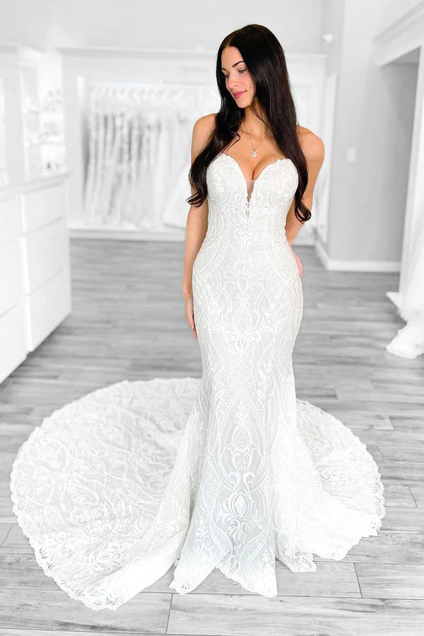 Buyishang Mermaid Strapless White Lace Wedding Dresses