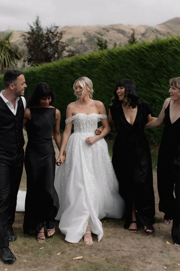 Buyishang A-Line Off the Shoulder White Sequin Wedding Dresses