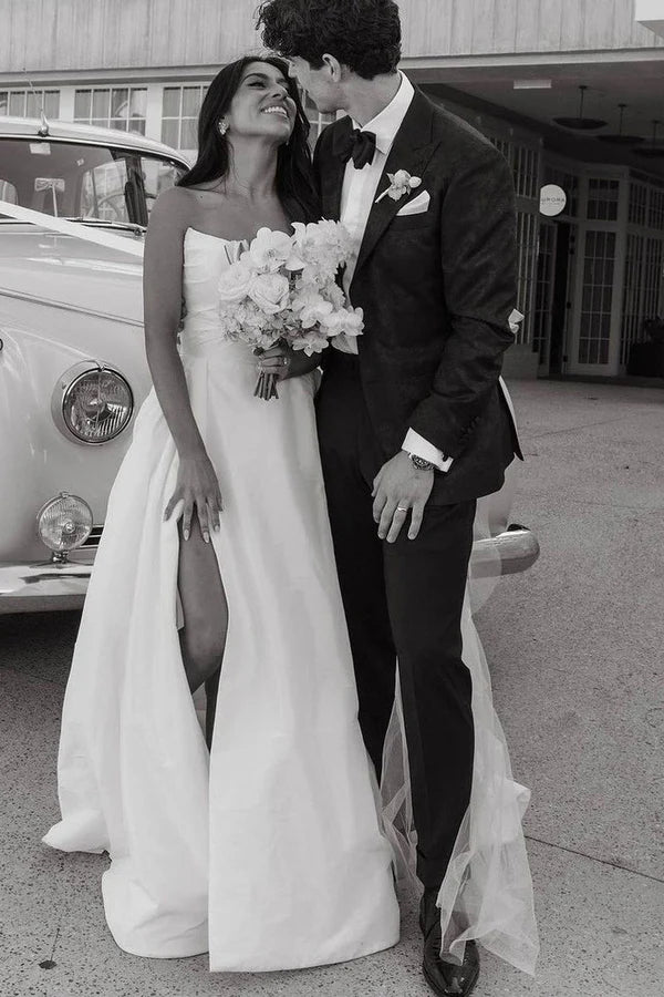 Buyishang A-Line White Satin Strapless Wedding Dresses with Slit