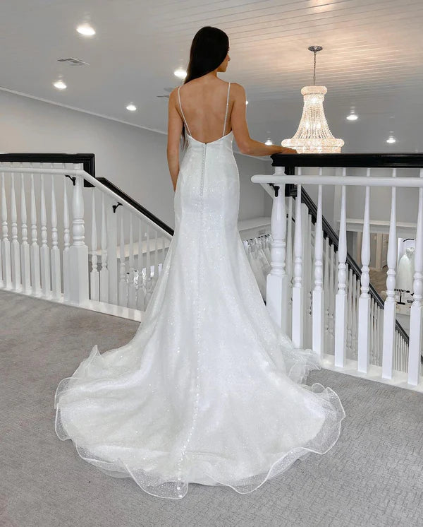 Buyishang Sparkly Mermaid V Neck Sequins White Wedding Dresses