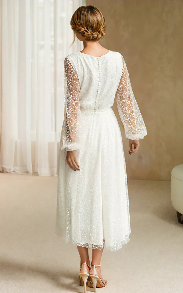 Buyishang A-Line Tulle White Tea-Length Long Sleeve Wedding Dress