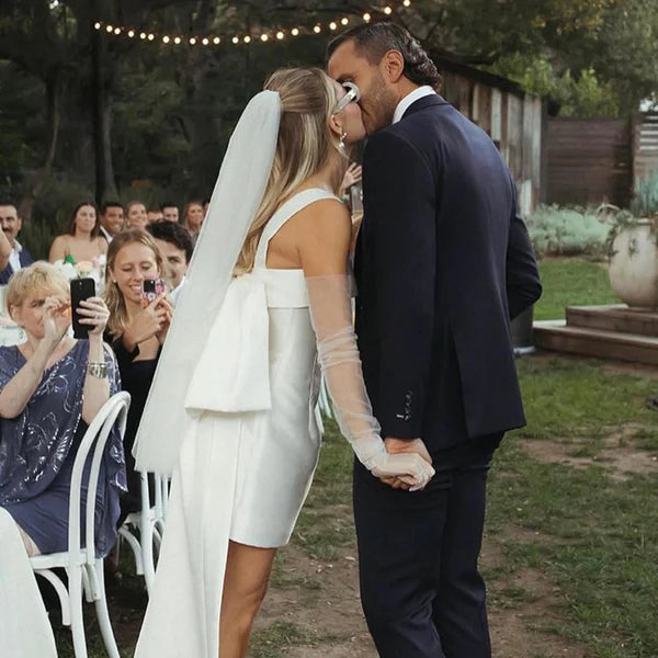 Buyishang Square Neck White Satin Short Wedding Dress with Bow Back