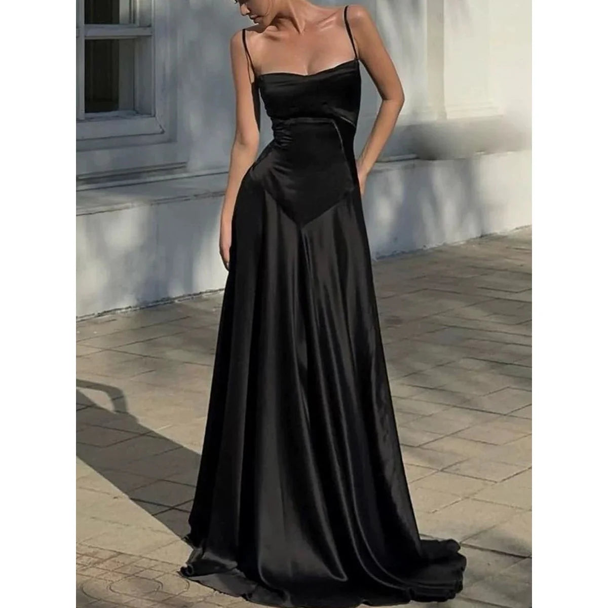Buyishang Elegant Pretty A line Spaghetti Straps BLACK Satin Long Party Dresses Prom Dresses