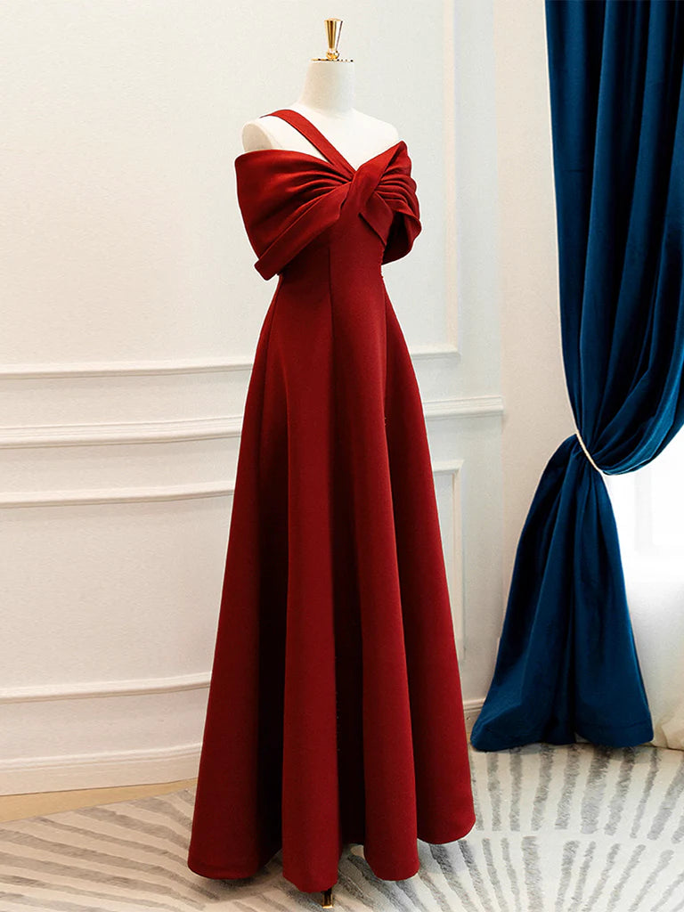Buyishang A-Line One Shoulder Satin Burgundy Long Prom Dress Burgundy Long Formal Dress