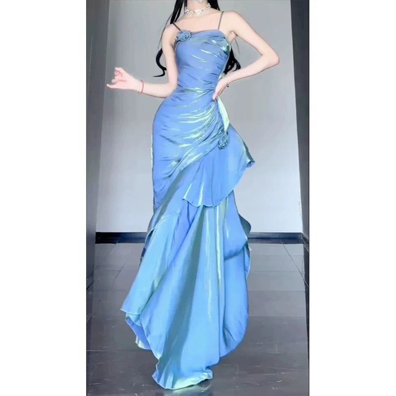 Buyishang Elegant BLUE Satin Long Straps Prom Dress BLUE A-line Party Dress
