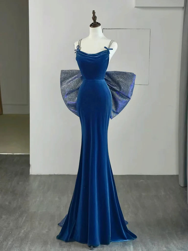 Buyishang Simple Velvet Blue Mermaid Long Prom Dress Backless Velvet Blue Evening Dress