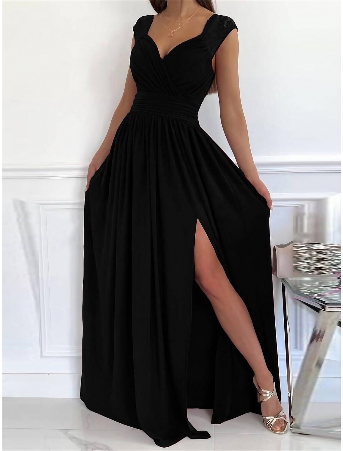 Women‘s Black Dress Prom Dress Lace Dress Maxi Dress Black Pink Wine Sleeveless Lace Spring Fall Winter V Neck Fashion Black Cocktail Dress