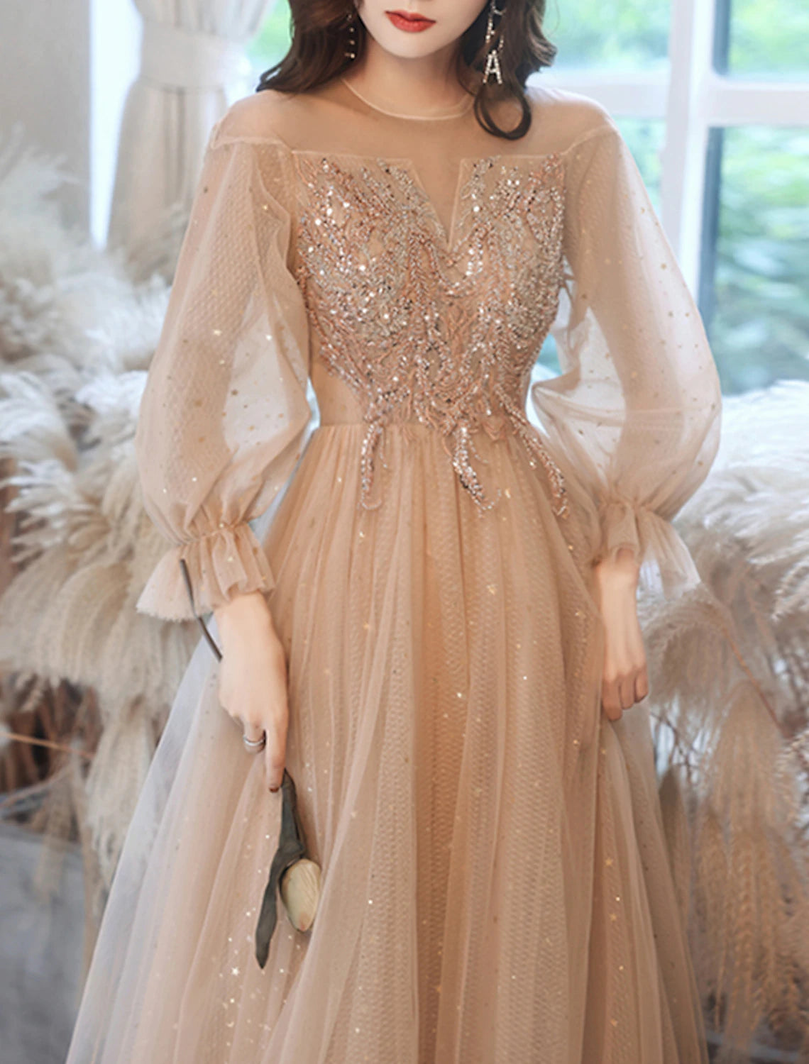 A-Line Prom Dresses Sparkle & Shine Dress Wedding Guest Prom Floor Length Long Sleeve Jewel Neck Lace with Rhinestone Appliques