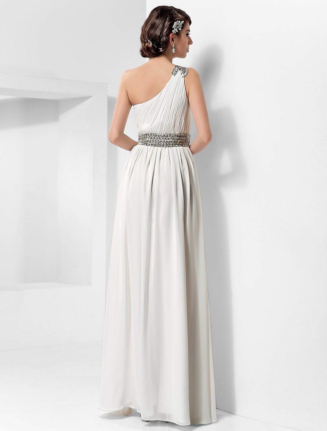 Sheath / Column One Shoulder Floor Length Chiffon Dress with Beading / Draping
