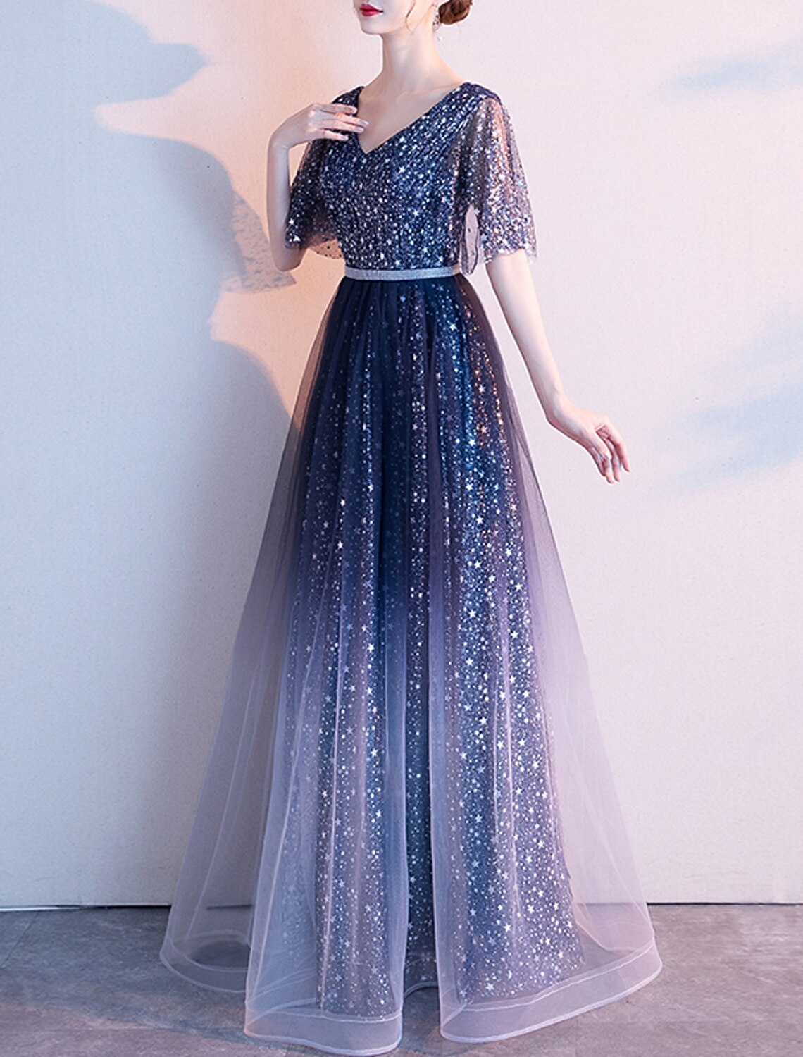A-Line Evening Gown Glittering Dress Wedding Guest Prom Floor Length Half Sleeve V Neck Tulle with Sash / Ribbon Pleats Sequin