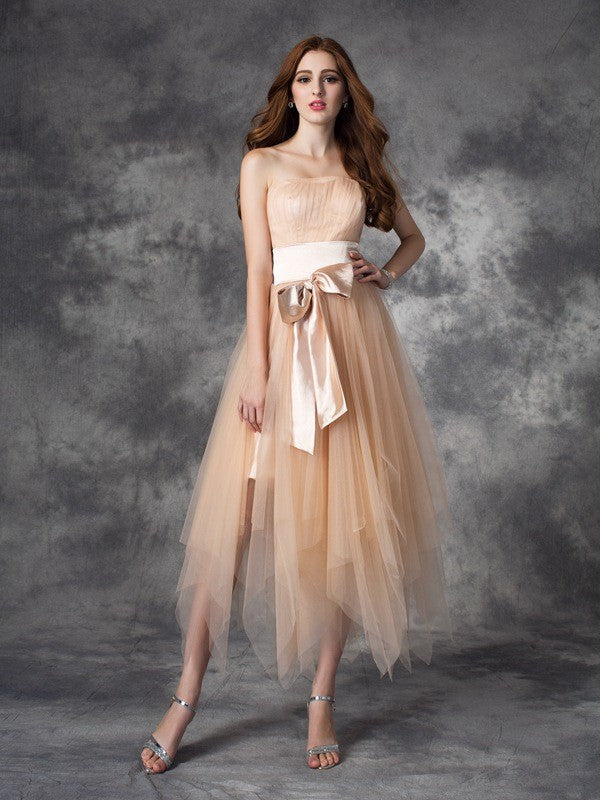 A-line/Princess Strapless Bowknot Sleeveless Long  Woven Satin Dresses