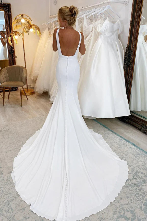 Buyishang Simple Mermaid V Neck Satin White Wedding Dresses