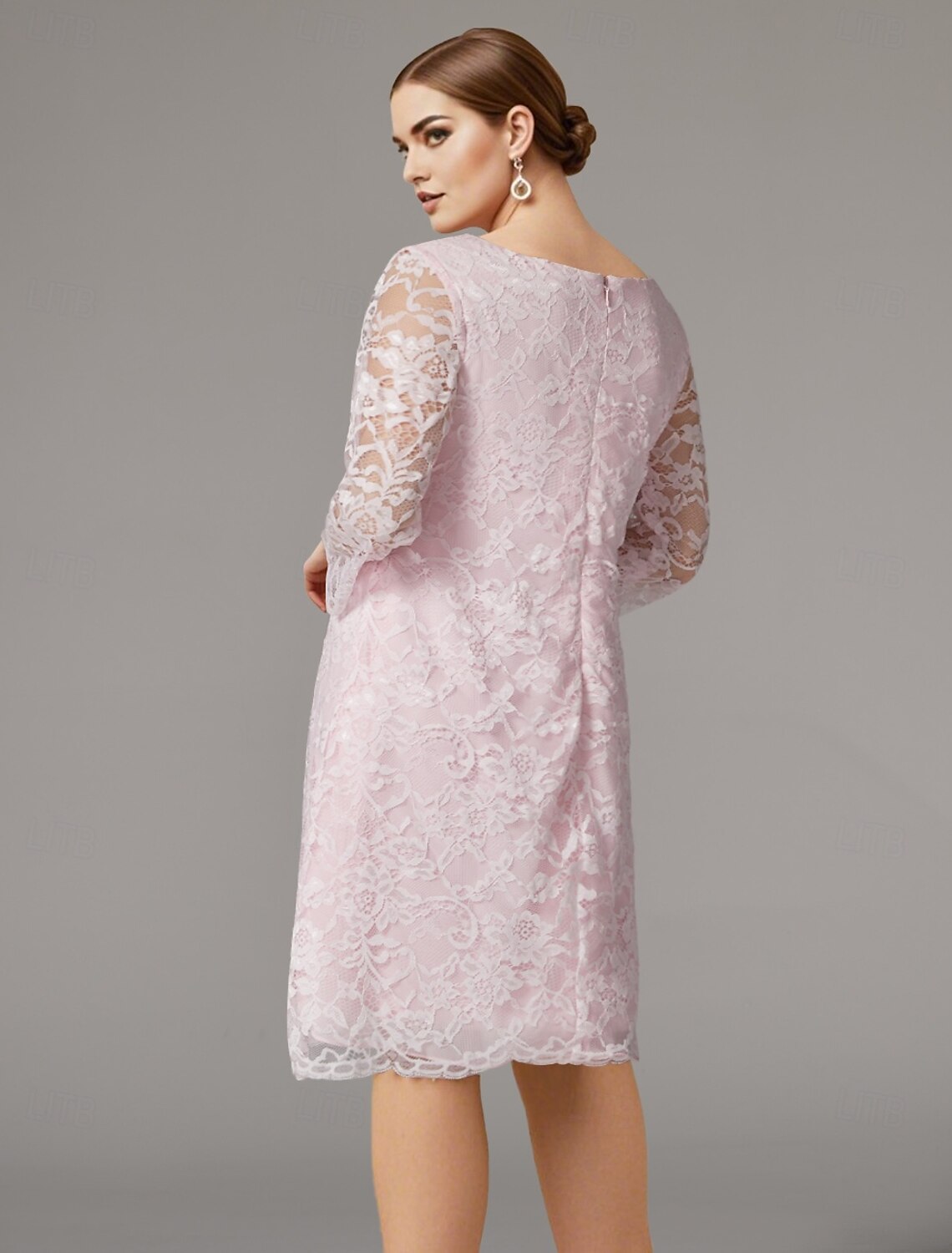 Buyishang Two Piece A-Line Plus Size Curve Mother of the Bride Dress Elegant Plus Size Jewel Neck Tea Length Chiffon Lace Short Sleeve Jacket Dresses with Solid Color