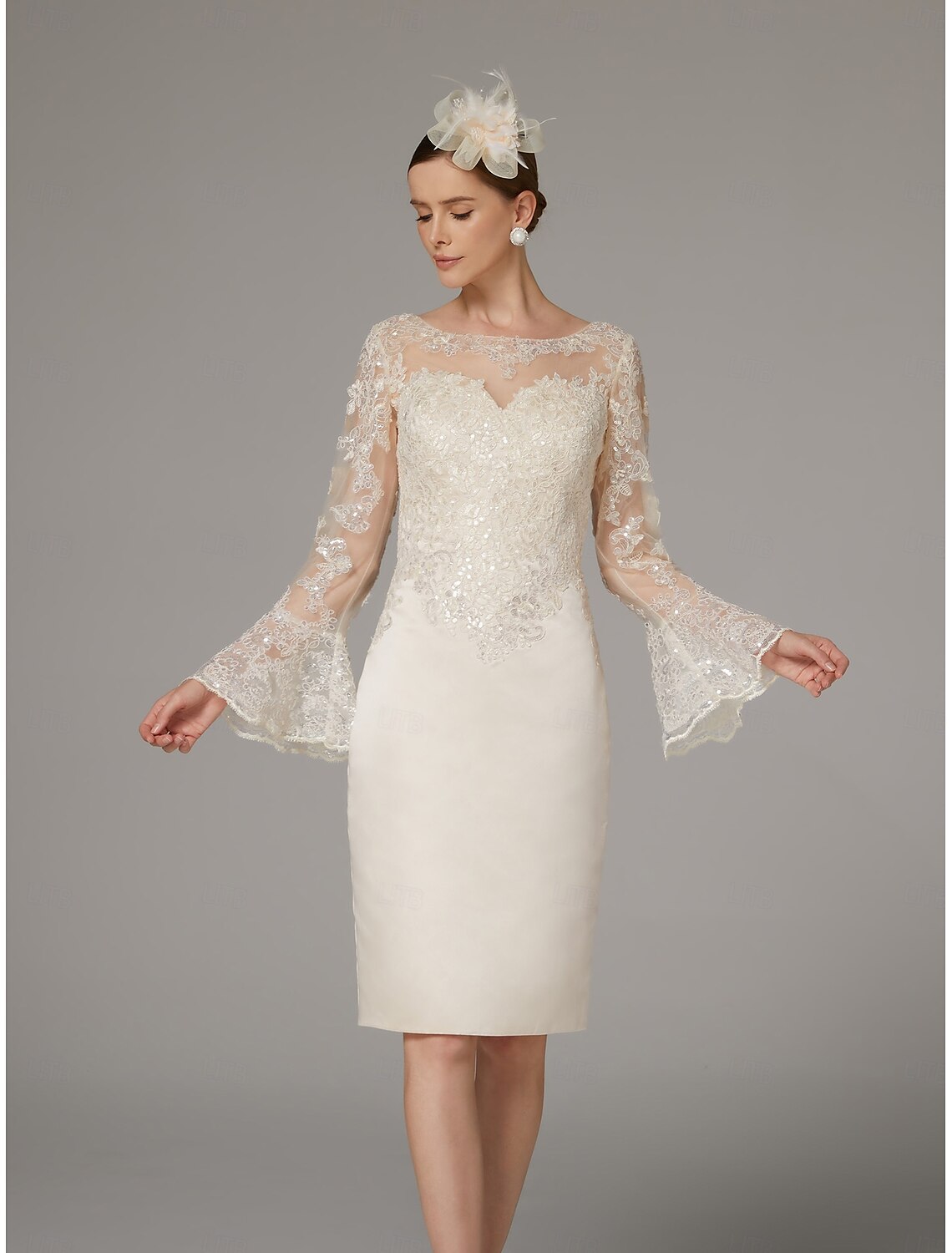 Buyishang Sheath / Column Dress Mother of the Bride Dress Elegant Vintage Luxurious Jewel Neck Knee Length Satin Lace Long Sleeve with Appliques