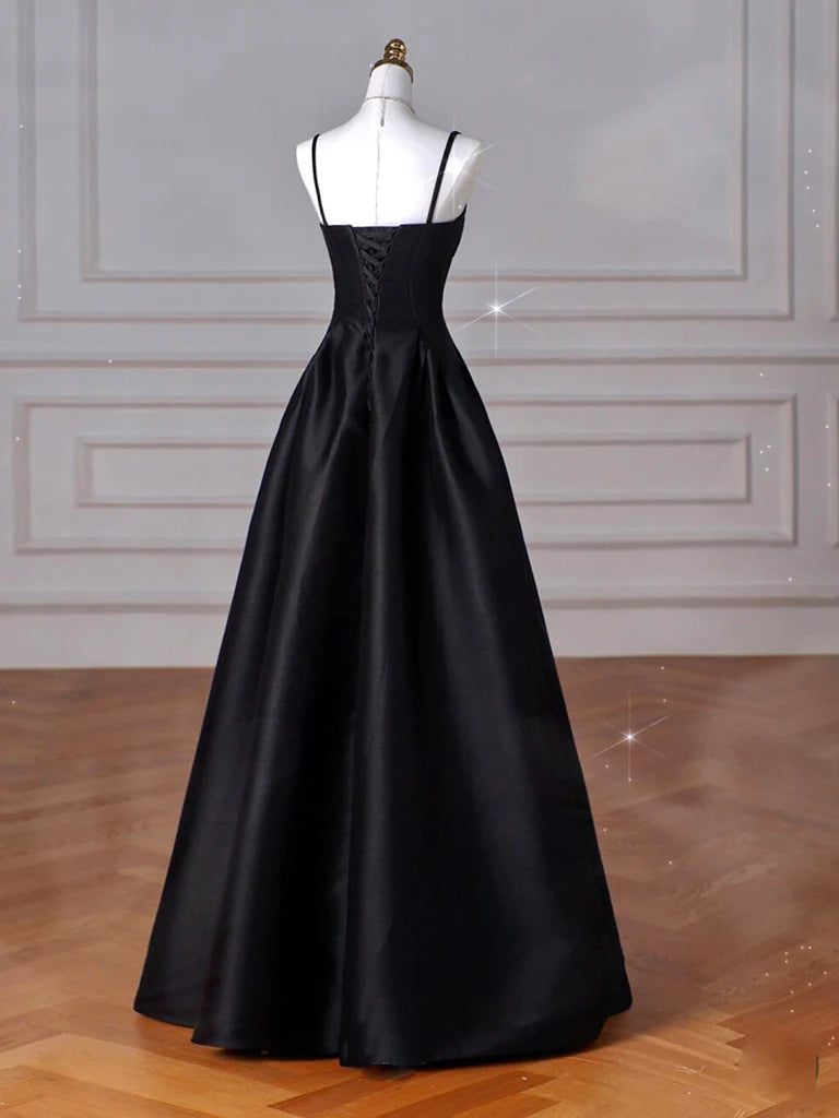 Buyishang A-Line Satin Black Long Prom Dress Black Long Evening Dress