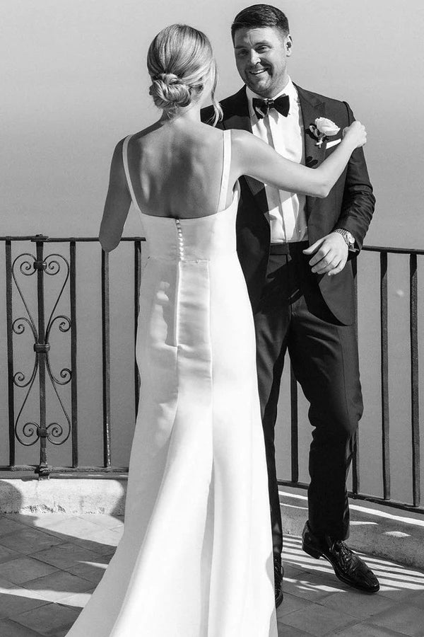 Buyishang Simple Mermaid Square Neck Satin Wedding Dresses