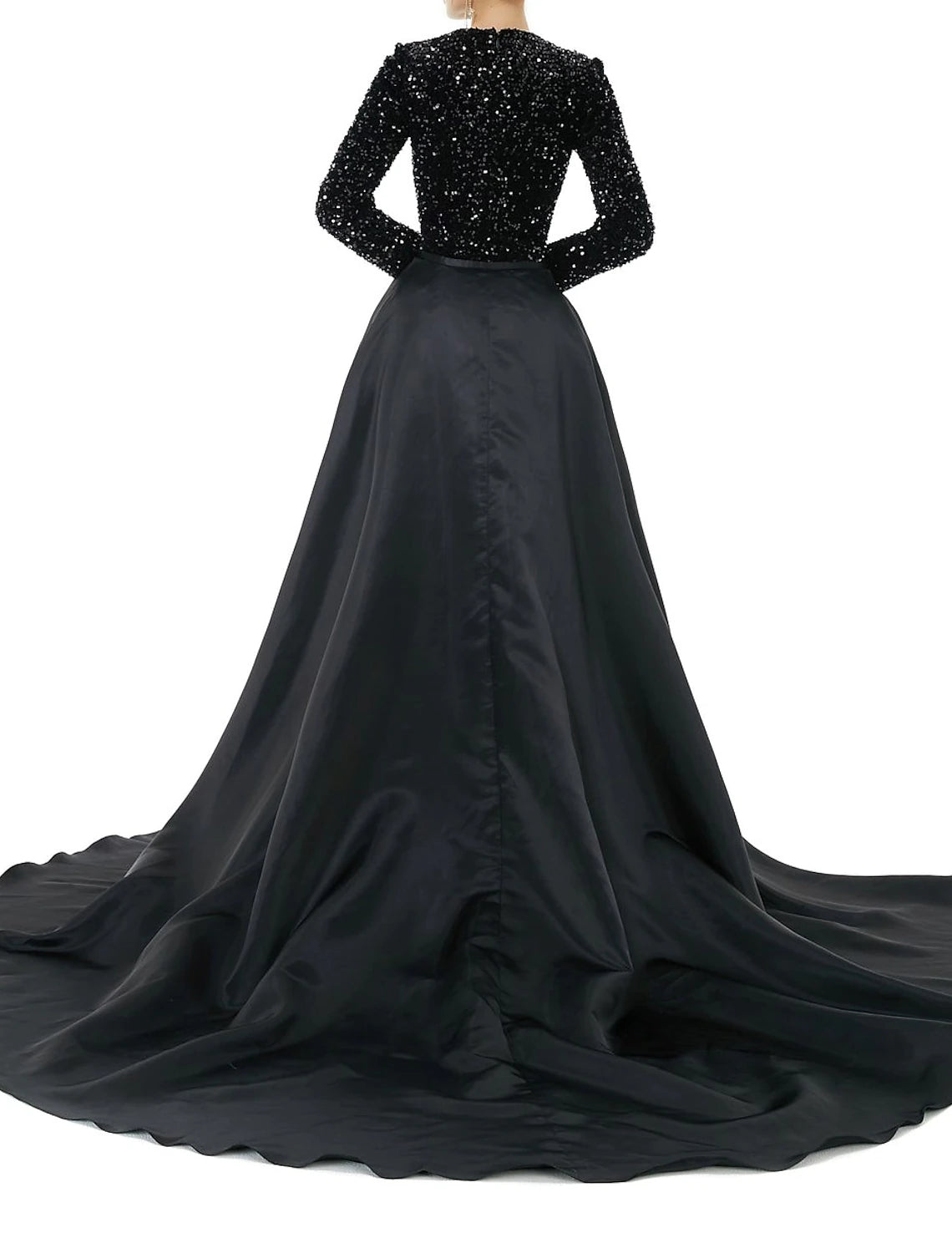 Mermaid / Trumpet Evening Gown Glittering Dress Prom Formal Evening Chapel Train Long Sleeve Jewel Neck Satin with Overskirt Pure Color