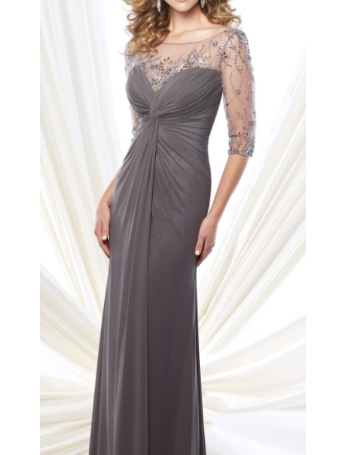 Sheath / Column Mother of the Bride Dress Elegant & Luxurious Jewel Neck Floor Length Chiffon Tulle 3/4 Length Sleeve with Beading Ruching