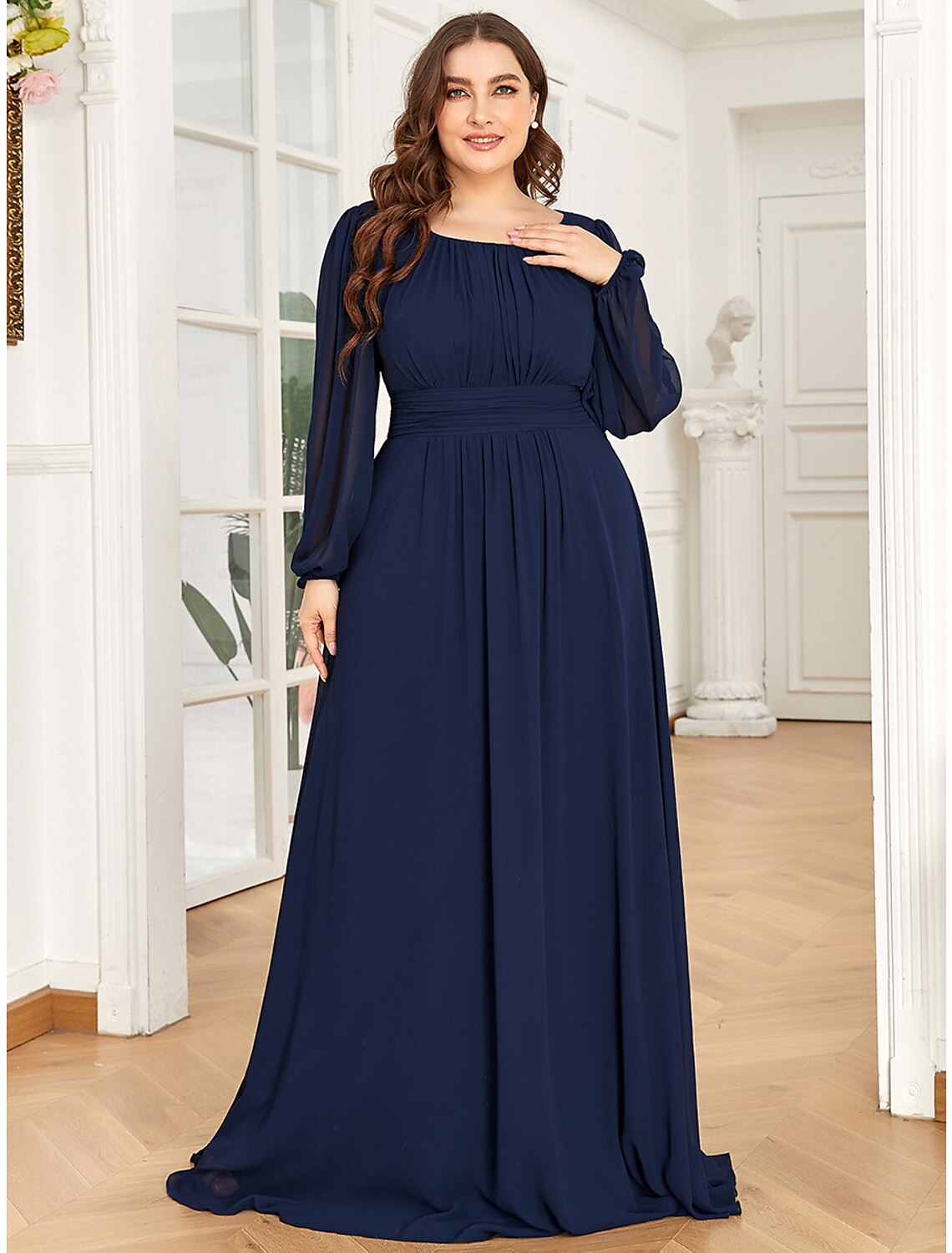 A-Line Elegant Vintage Formal Evening Dress Jewel Neck Long Sleeve Floor Length Chiffon with Draping Pure Color